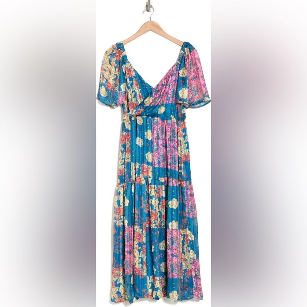 Adelyn Rae Blue Floral Patchwork Midi Dress, Large, wedding guest/ Mother’s Day - Picture 3 of 11